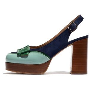 Fly London Green and Navy Platform Slingbacks
